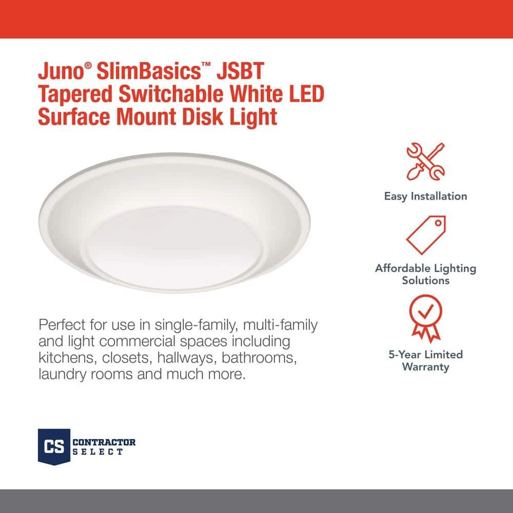 Contractor Select JSBT 8.39 in. Matte White Integrated LED Flush Mount Fixture, Selectable CCT by Juno 2 Contractor Select JSBT 8.39 in. Matte White Integrated LED Flush Mount Fixture, Selectable CCT by Juno - Image 2